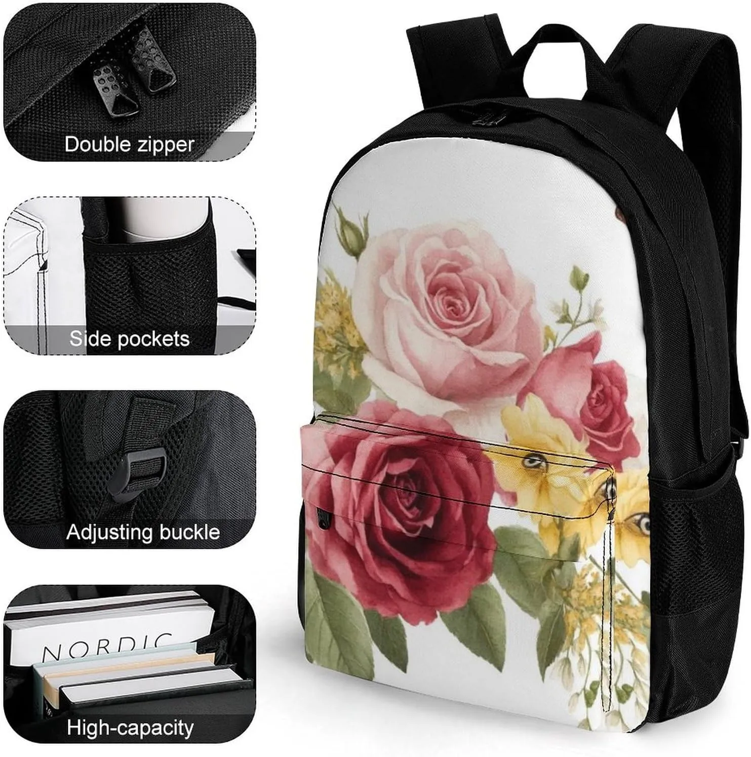 Men Women Lightweight Flower Shabby Chic Roses Buds Leaves Tulips Floral Butterfly Backpack Large Capacity Carry On Bag With Padded Straps for Sports Work Walking Cycling