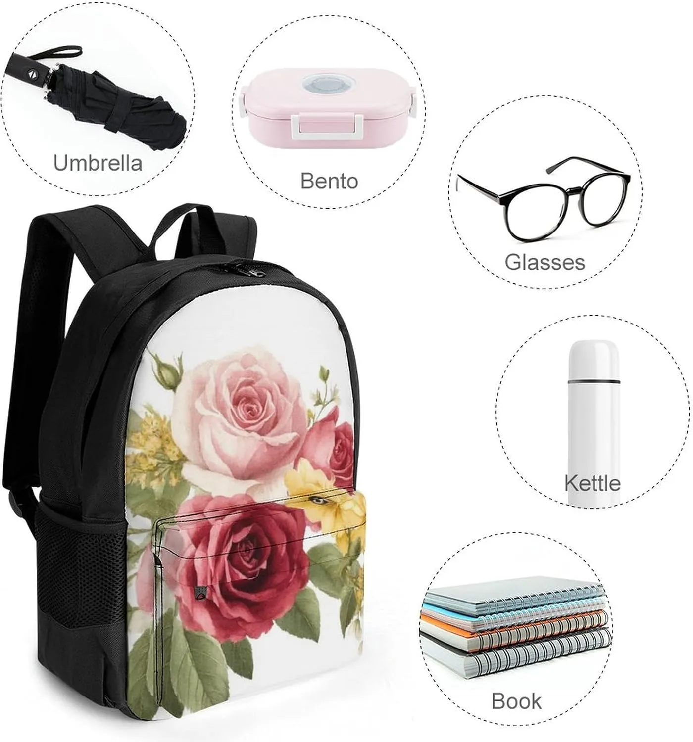 Men Women Lightweight Flower Shabby Chic Roses Buds Leaves Tulips Floral Butterfly Backpack Large Capacity Carry On Bag With Padded Straps for Sports Work Walking Cycling