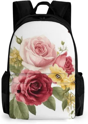Men Women Lightweight Flower Shabby Chic Roses Buds Leaves Tulips Floral Butterfly Backpack Large Capacity Carry On Bag With Padded Straps for Sports Work Walking Cycling