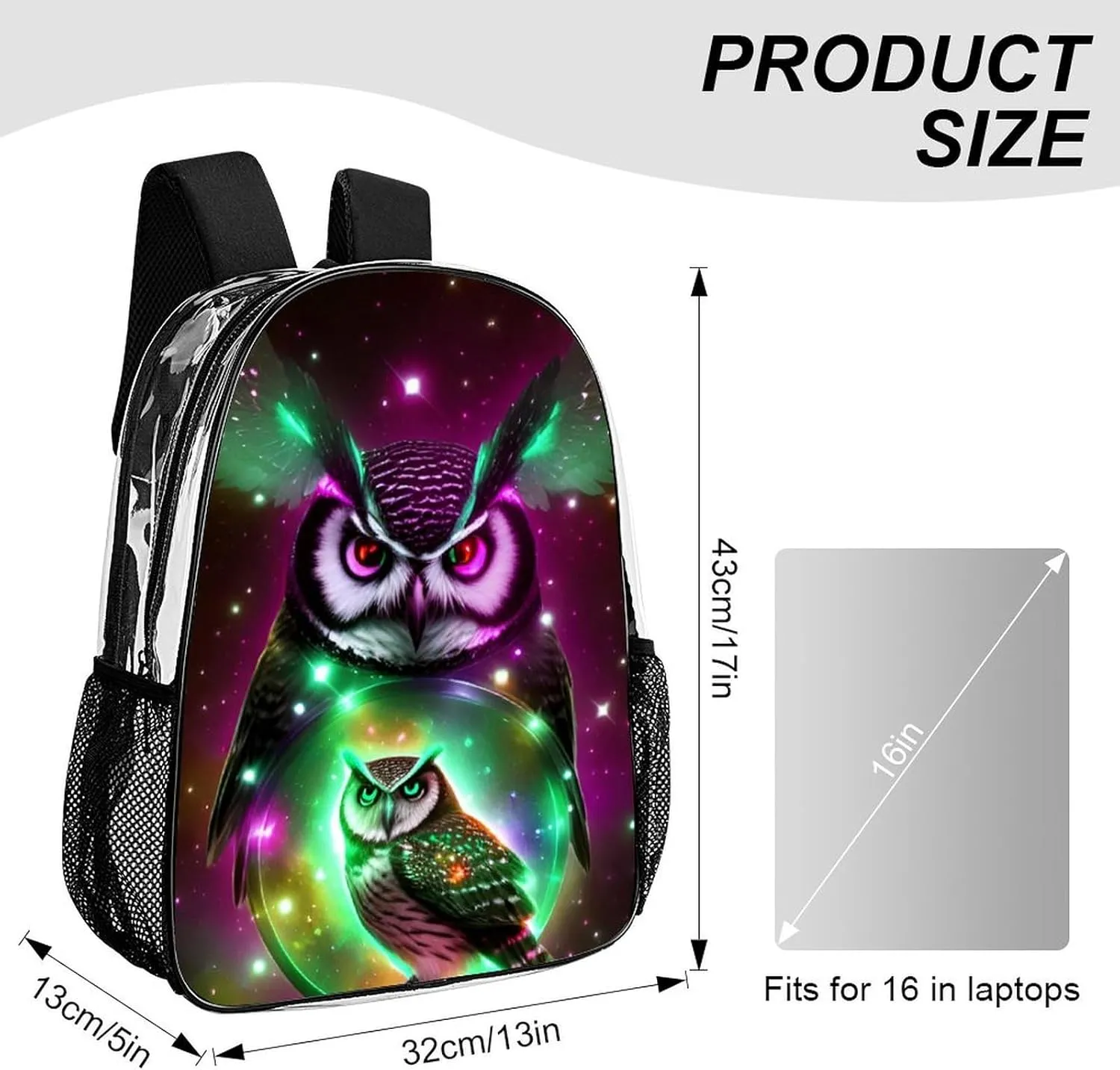 Men Women Transparent Galaxy Nighthawk Owl Art Daypack Big Capacity Shoulder Bag With Adjustable Shoulder Straps for Camping Travel Walking Cycling