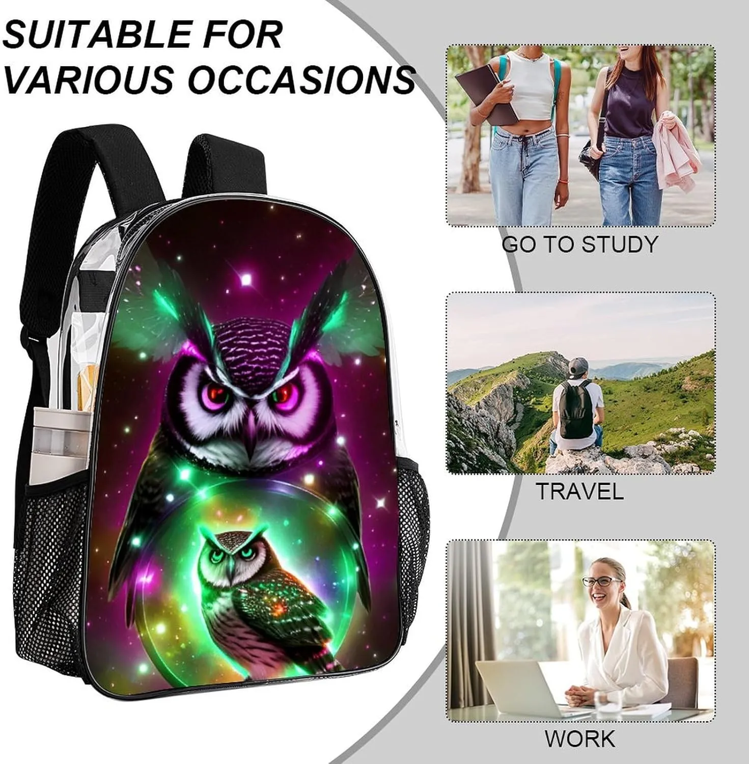 Men Women Transparent Galaxy Nighthawk Owl Art Daypack Big Capacity Shoulder Bag With Adjustable Shoulder Straps for Camping Travel Walking Cycling