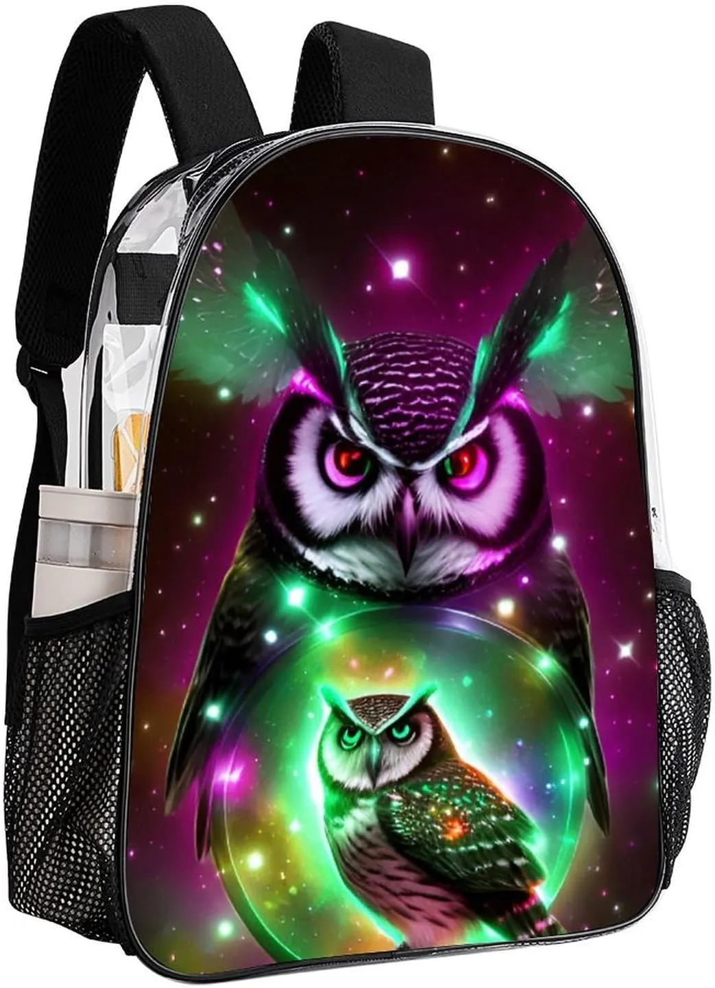 Men Women Transparent Galaxy Nighthawk Owl Art Daypack Big Capacity Shoulder Bag With Adjustable Shoulder Straps for Camping Travel Walking Cycling