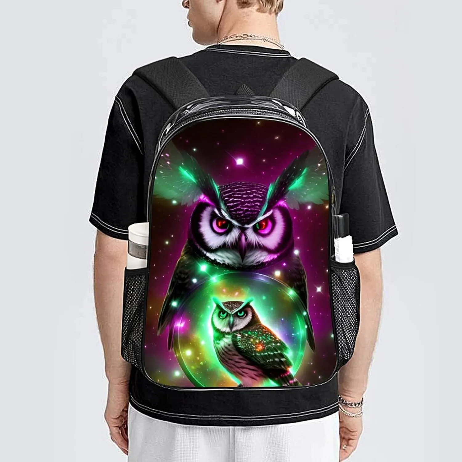 Men Women Transparent Galaxy Nighthawk Owl Art Daypack Big Capacity Shoulder Bag With Adjustable Shoulder Straps for Camping Travel Walking Cycling