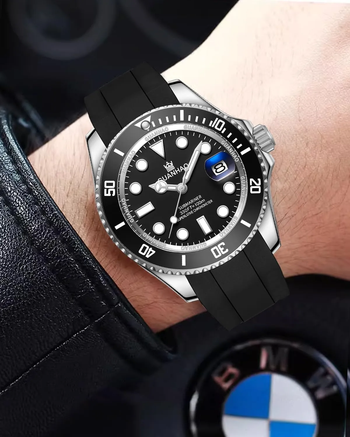 Men's Automatic Mechanical Diving Watch， 40mm Luminous Dial， 100M Waterproof， Luxury Fashion Business Casual Sport Designer Genuine Watch with Calendar， Rubber/Stainless Steel Strap…