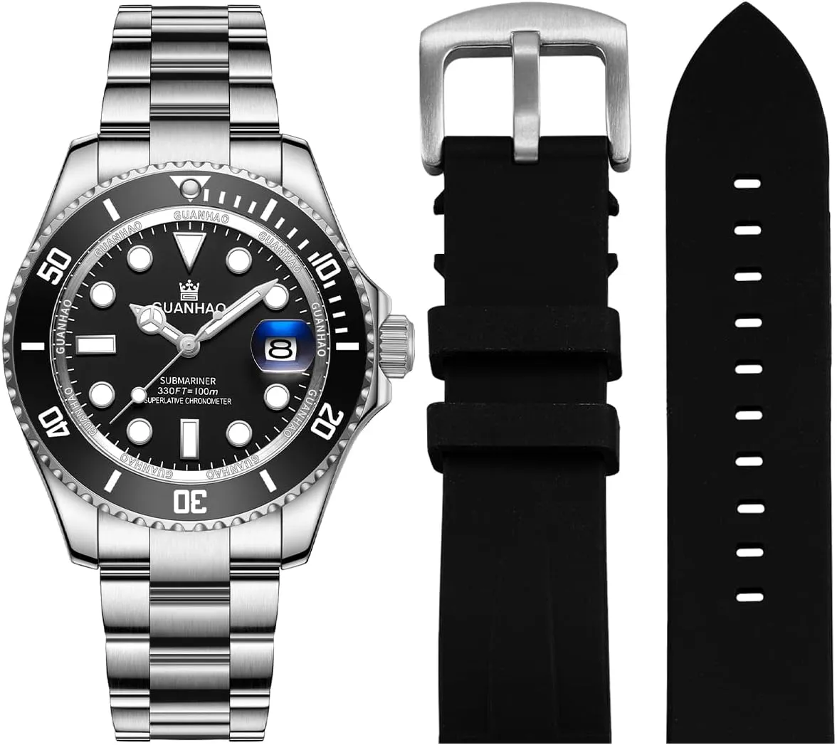 Men's Automatic Mechanical Diving Watch， 40mm Luminous Dial， 100M Waterproof， Luxury Fashion Business Casual Sport Designer Genuine Watch with Calendar， Rubber/Stainless Steel Strap…
