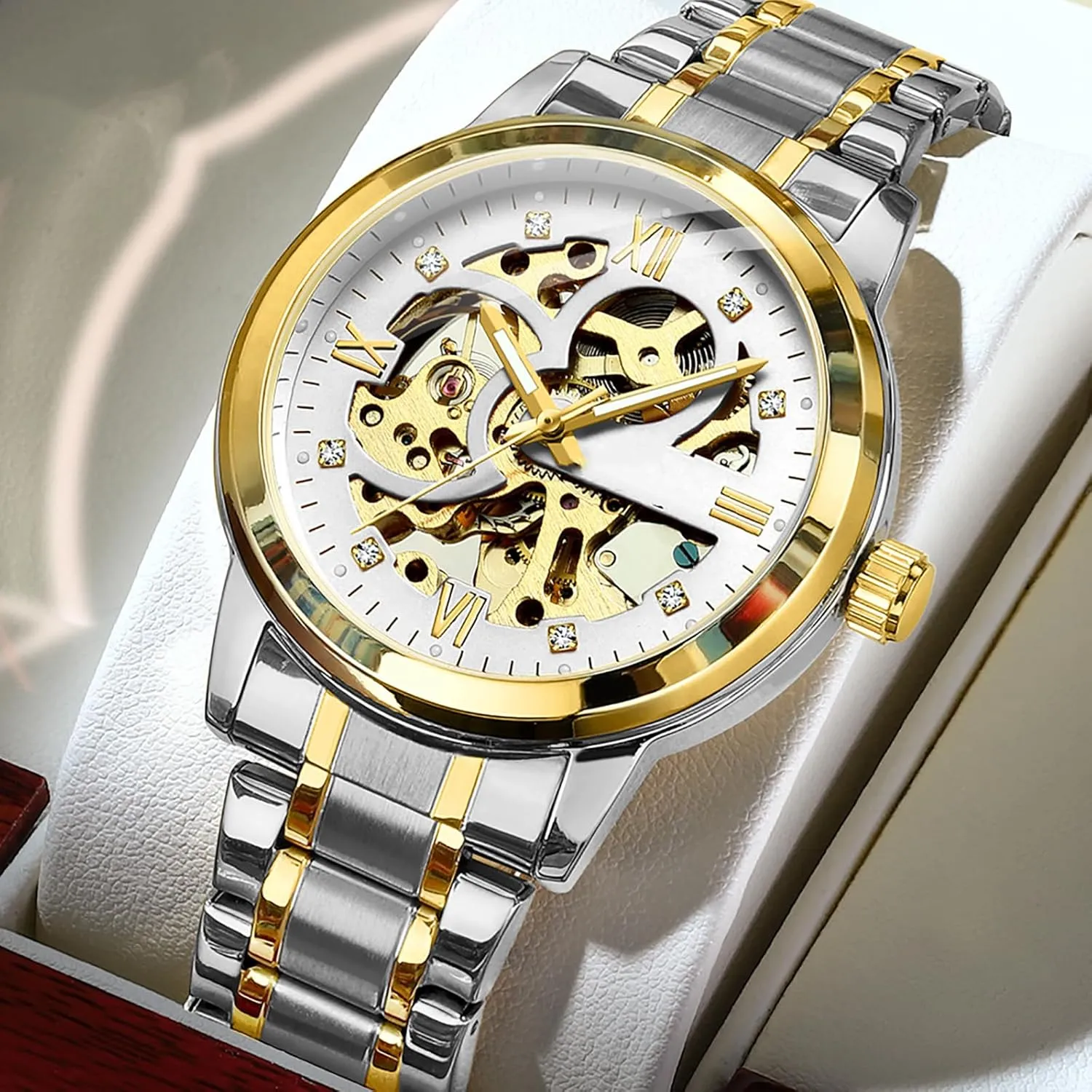 Men's Hollow Out Mechanical Watches Luxury Dress Stainless Steel Waterproof Watches