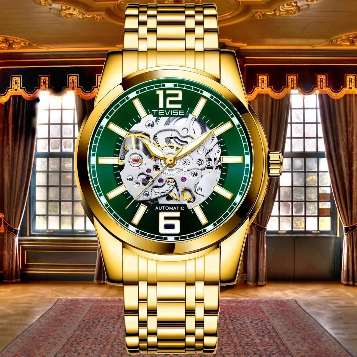 Men's Hollowed Out Automatic Mechanical Watch Business Style Circular Dial Stainless Steel Strap