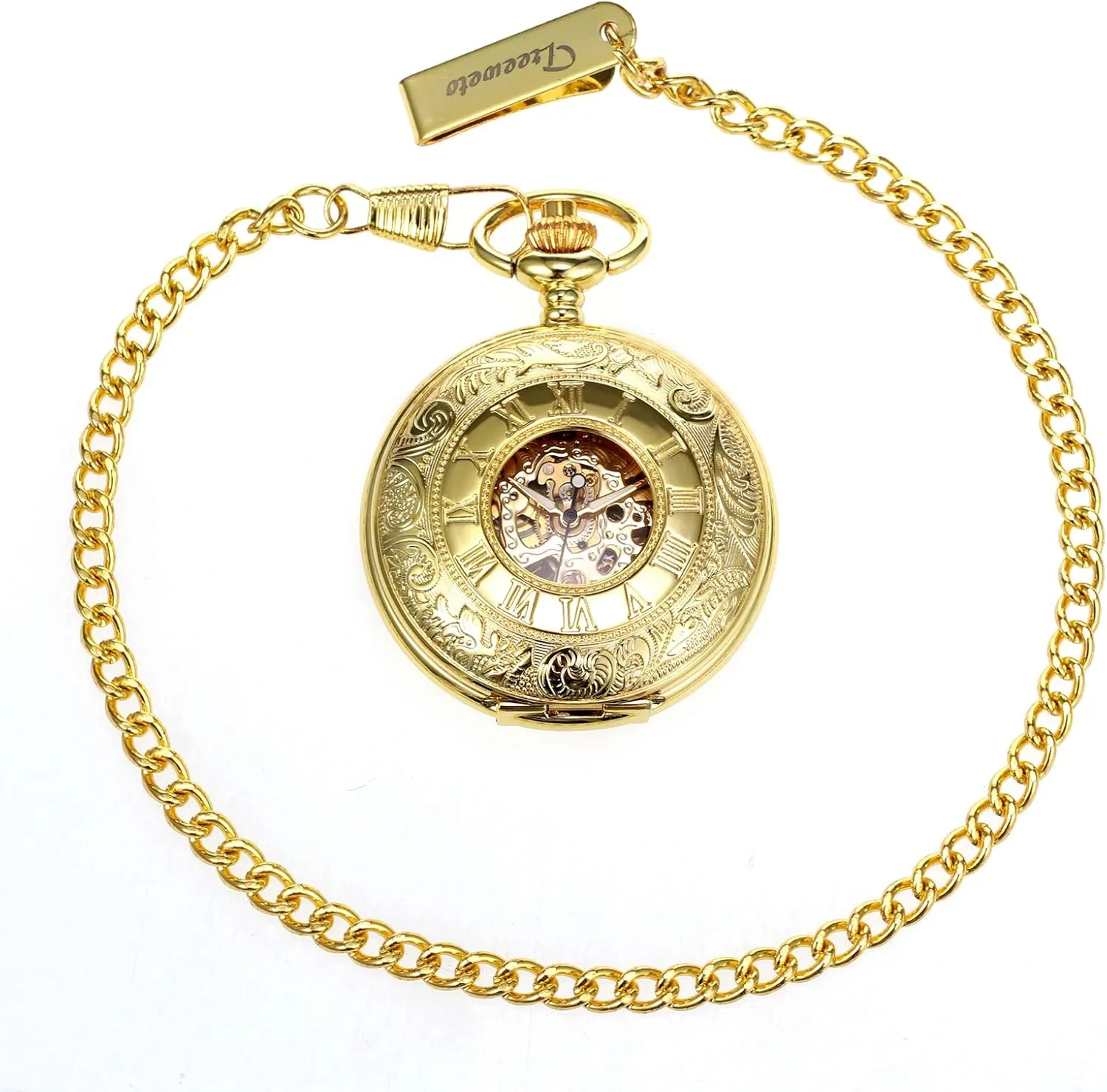 Men's Mechanical Skeleton Pocket Watch for Mens Women Blue Roman Numerals Dial Double Case Pocket Watches