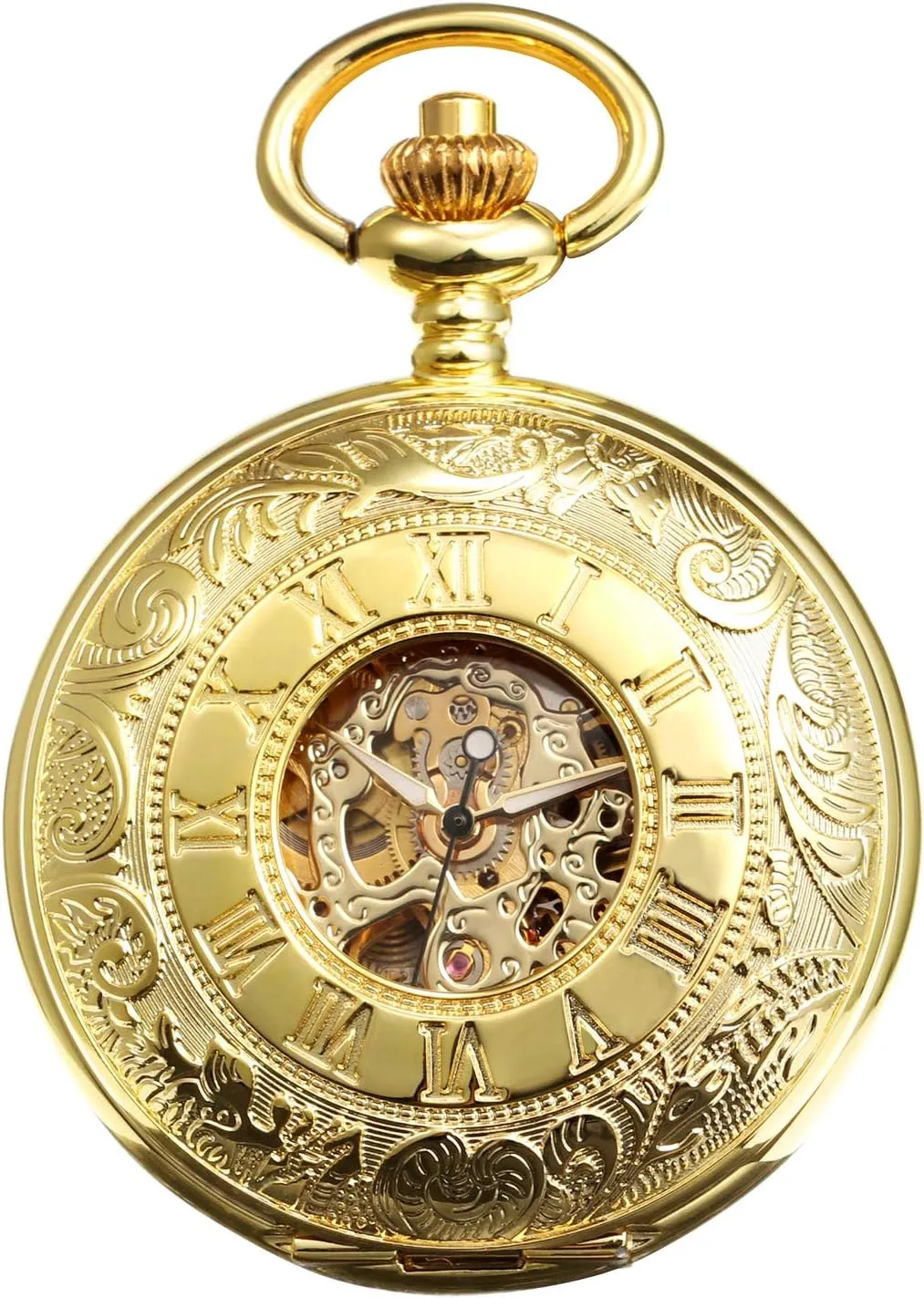 Men's Mechanical Skeleton Pocket Watch for Mens Women Blue Roman Numerals Dial Double Case Pocket Watches