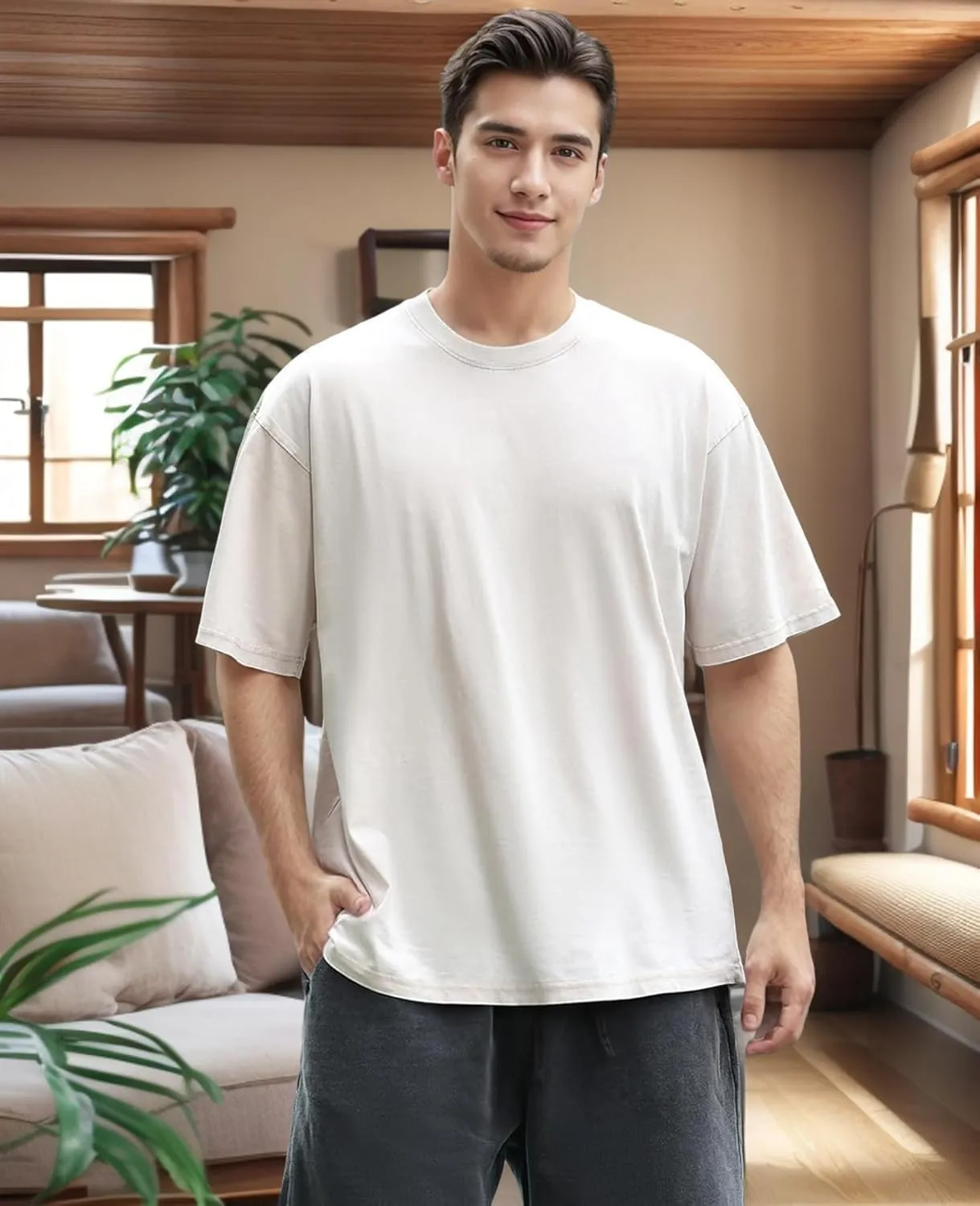 Men's Oversized T-Shirts Cotton Unisex Short Sleeves Casual Loose Wash Solid Basic Tee Tops