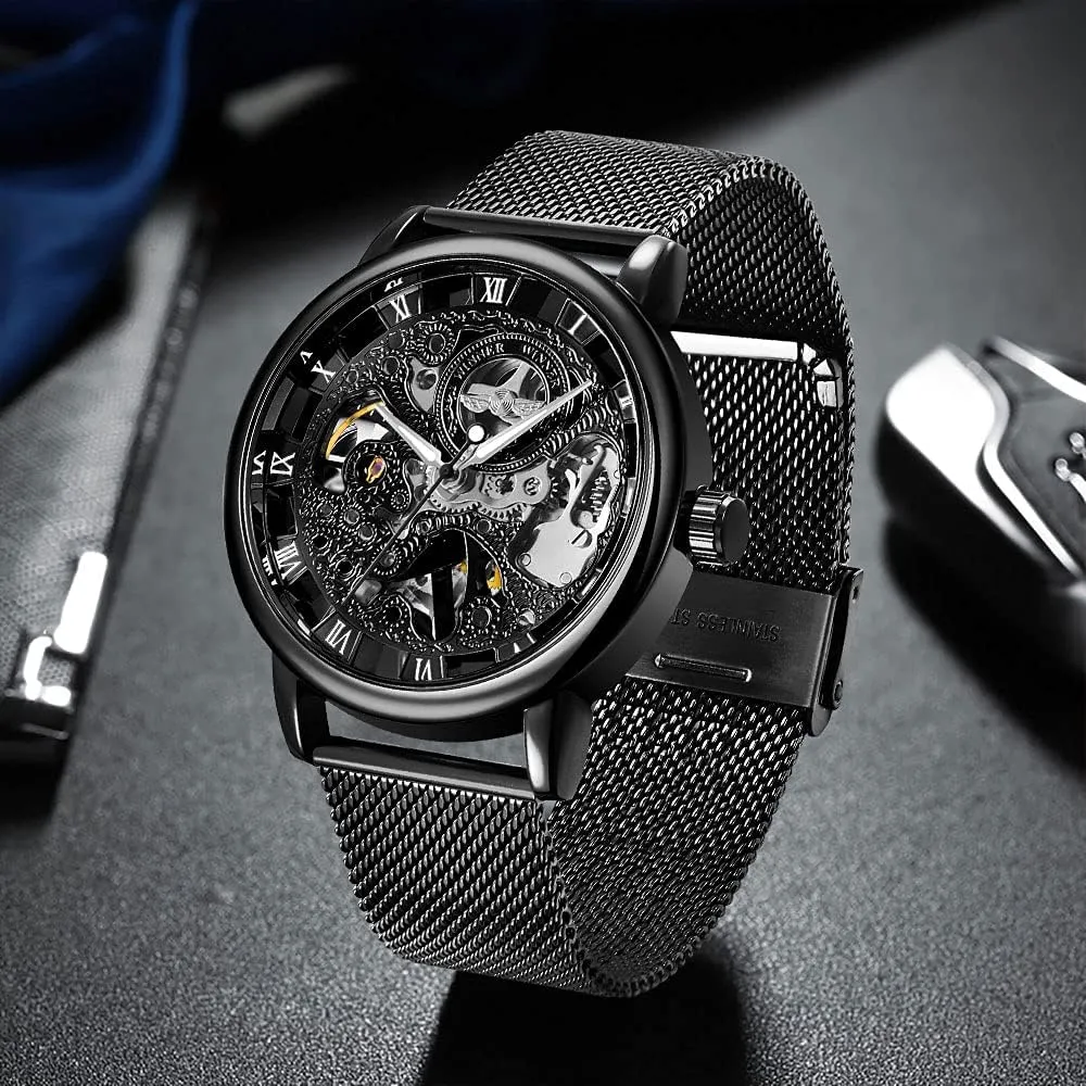 Men's Skeleton Mechanical Roman Numeral Mesh Strap Watch, Hand Winding Mechanical Mesh Luminous Waterproof Watch for Men