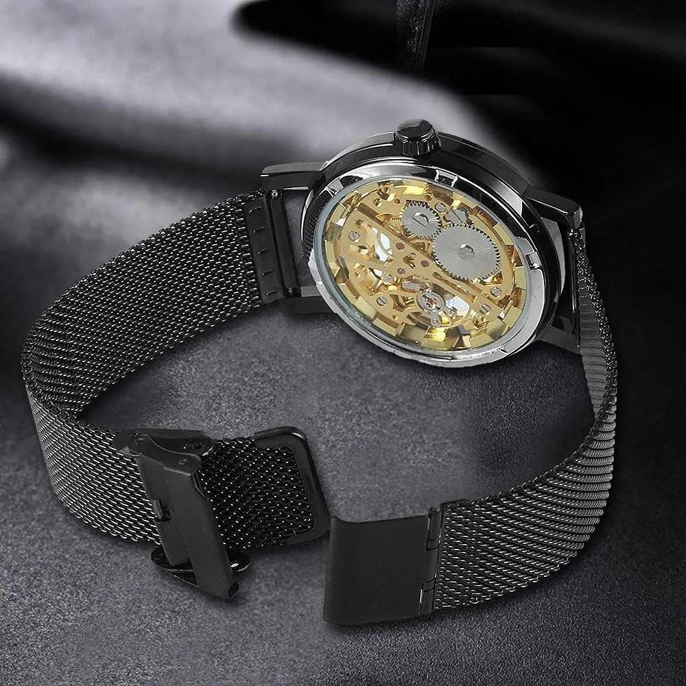 Men's Skeleton Mechanical Roman Numeral Mesh Strap Watch, Hand Winding Mechanical Mesh Luminous Waterproof Watch for Men