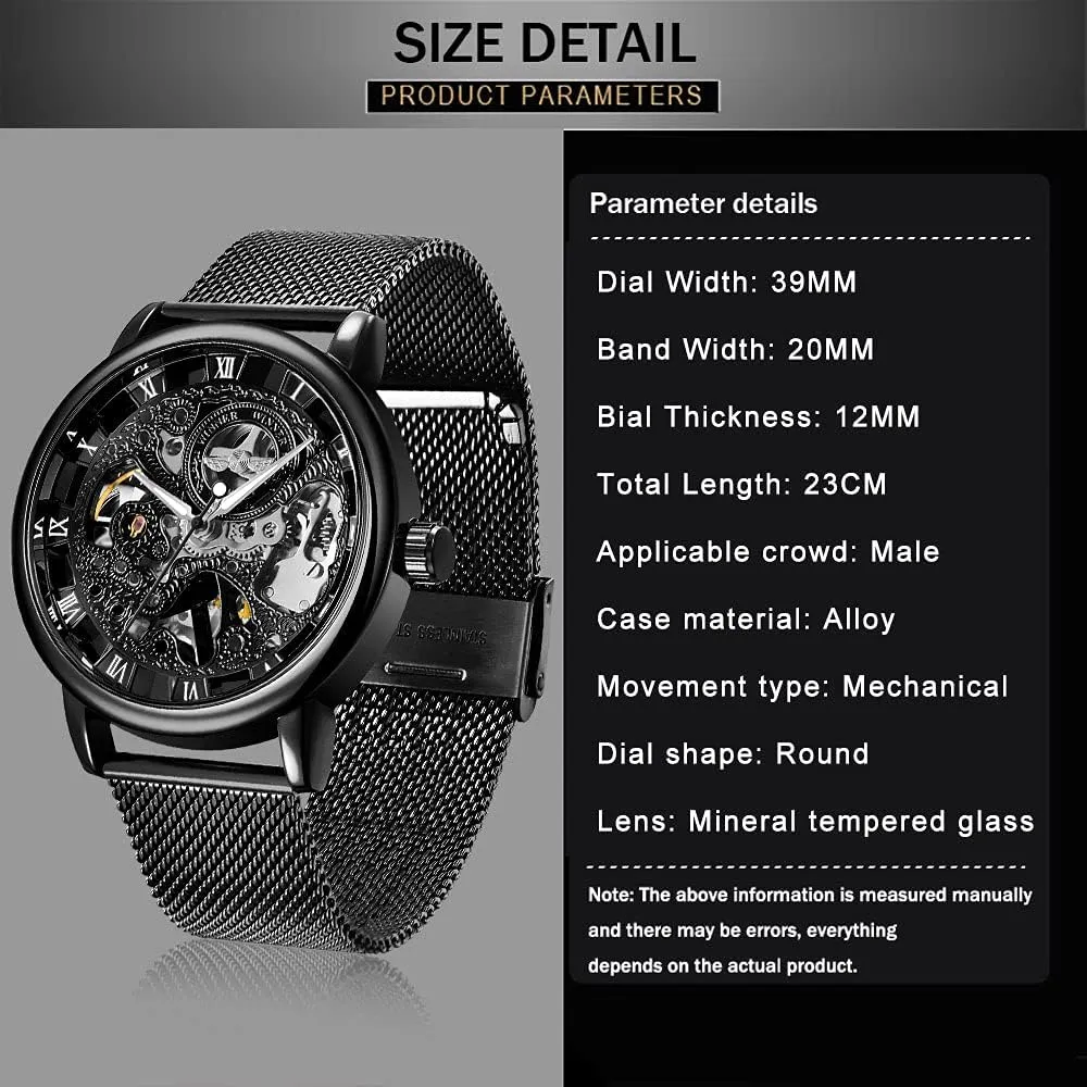 Men's Skeleton Mechanical Roman Numeral Mesh Strap Watch, Hand Winding Mechanical Mesh Luminous Waterproof Watch for Men