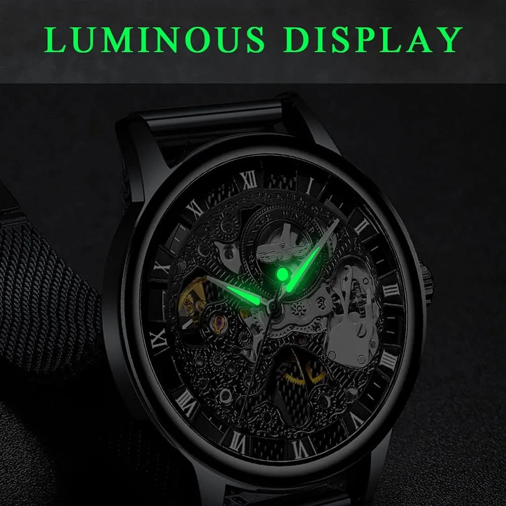 Men's Skeleton Mechanical Roman Numeral Mesh Strap Watch, Hand Winding Mechanical Mesh Luminous Waterproof Watch for Men