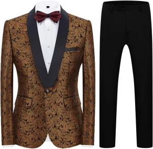 Mens Suit Slim Fit 2 Piece Formal Skinny Floral Tuxedo Suit Set Shawl Lapel for Wedding Dinner Party