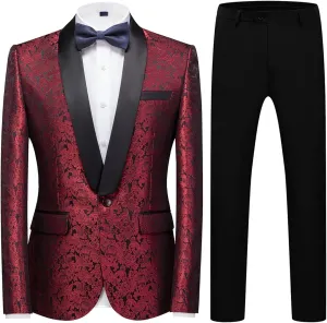 Mens Suit Slim Fit 2 Piece Formal Skinny Floral Tuxedo Suit Set Shawl Lapel for Wedding Dinner Party