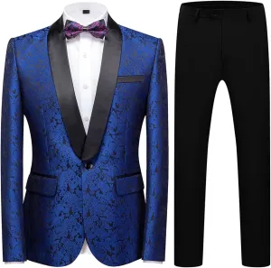 Mens Suit Slim Fit 2 Piece Formal Skinny Floral Tuxedo Suit Set Shawl Lapel for Wedding Dinner Party
