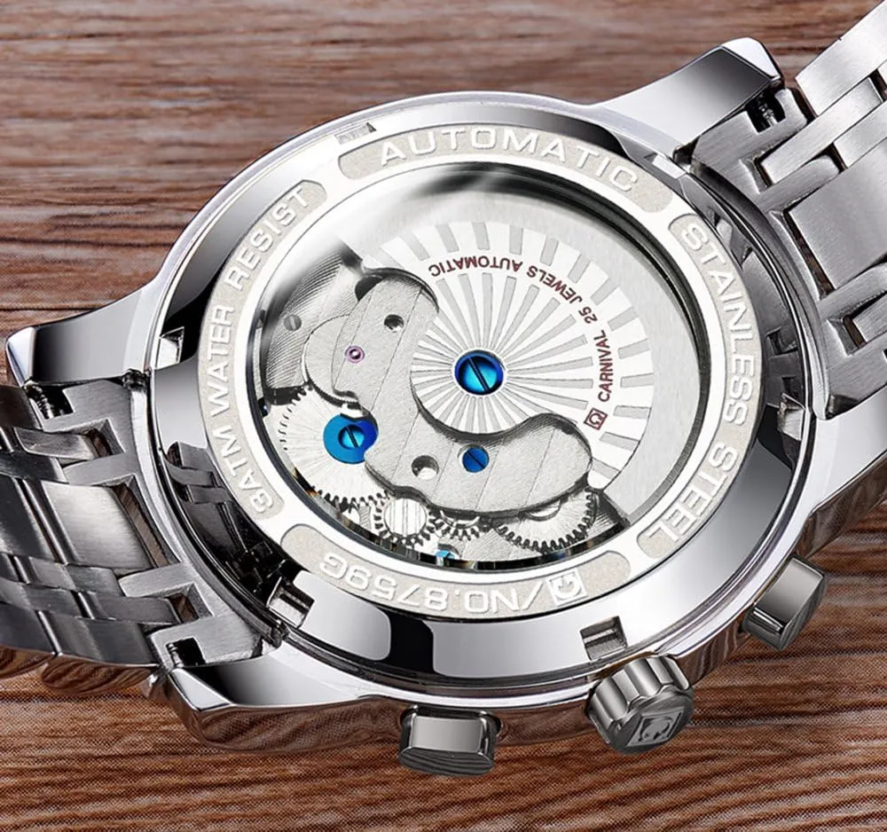 Mens tourbillon Automatic Mechanical Watch Silver Stainless Steel Multifunction Blue Watches