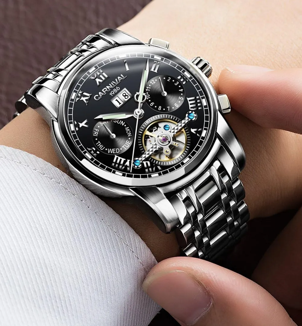 Mens tourbillon Automatic Mechanical Watch Silver Stainless Steel Multifunction Blue Watches