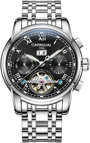 Mens tourbillon Automatic Mechanical Watch Silver Stainless Steel Multifunction Blue Watches