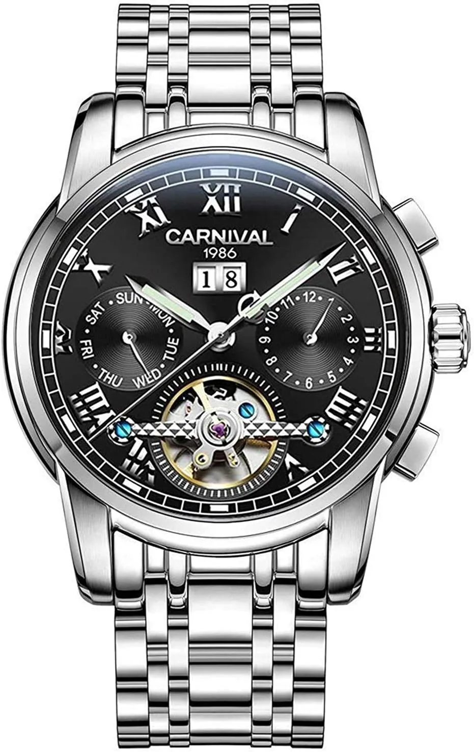 Mens tourbillon Automatic Mechanical Watch Silver Stainless Steel Multifunction Blue Watches