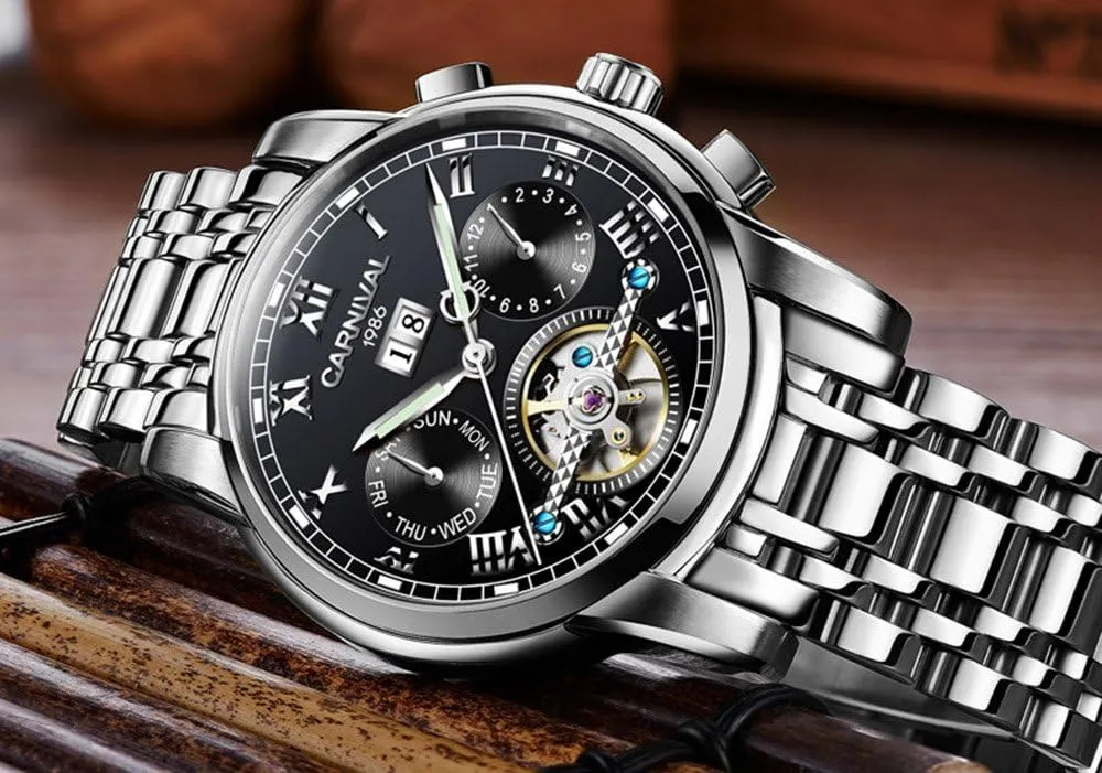 Mens tourbillon Automatic Mechanical Watch Silver Stainless Steel Multifunction Blue Watches