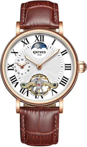 Mens Tourbillon Mechanical Watches Brown Leather Strap Moon Phase Dual Time Zone Watches Luminous Waterproof Automatic Watch for Men