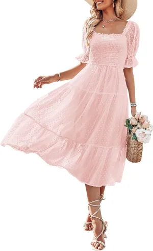 MEROKEETY Women's 2025 Summer Square Neck Puff Sleeve Boho Midi Dress Swiss Dot Ruffle Flowy Tie Back Dress