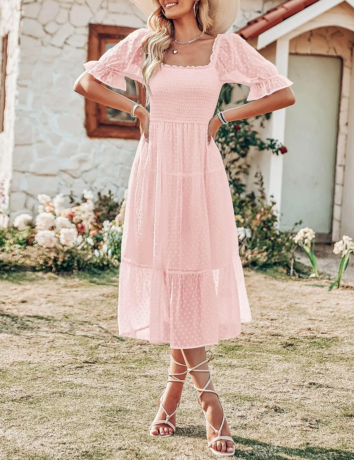 MEROKEETY Women's 2025 Summer Square Neck Puff Sleeve Boho Midi Dress Swiss Dot Ruffle Flowy Tie Back Dress
