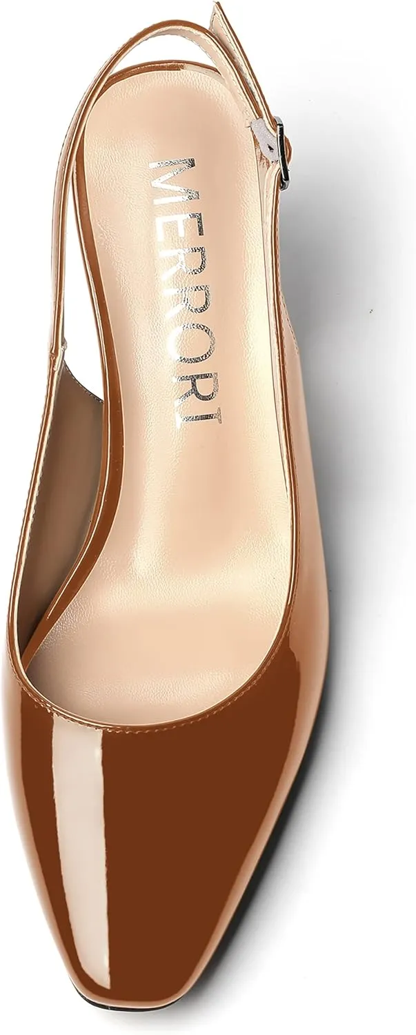 MERRORI Women's Slingback Stiletto Mid Heel Pumps Shoes Square Toe Patent Dess Shoes Womens Pumps 2.5 Inch