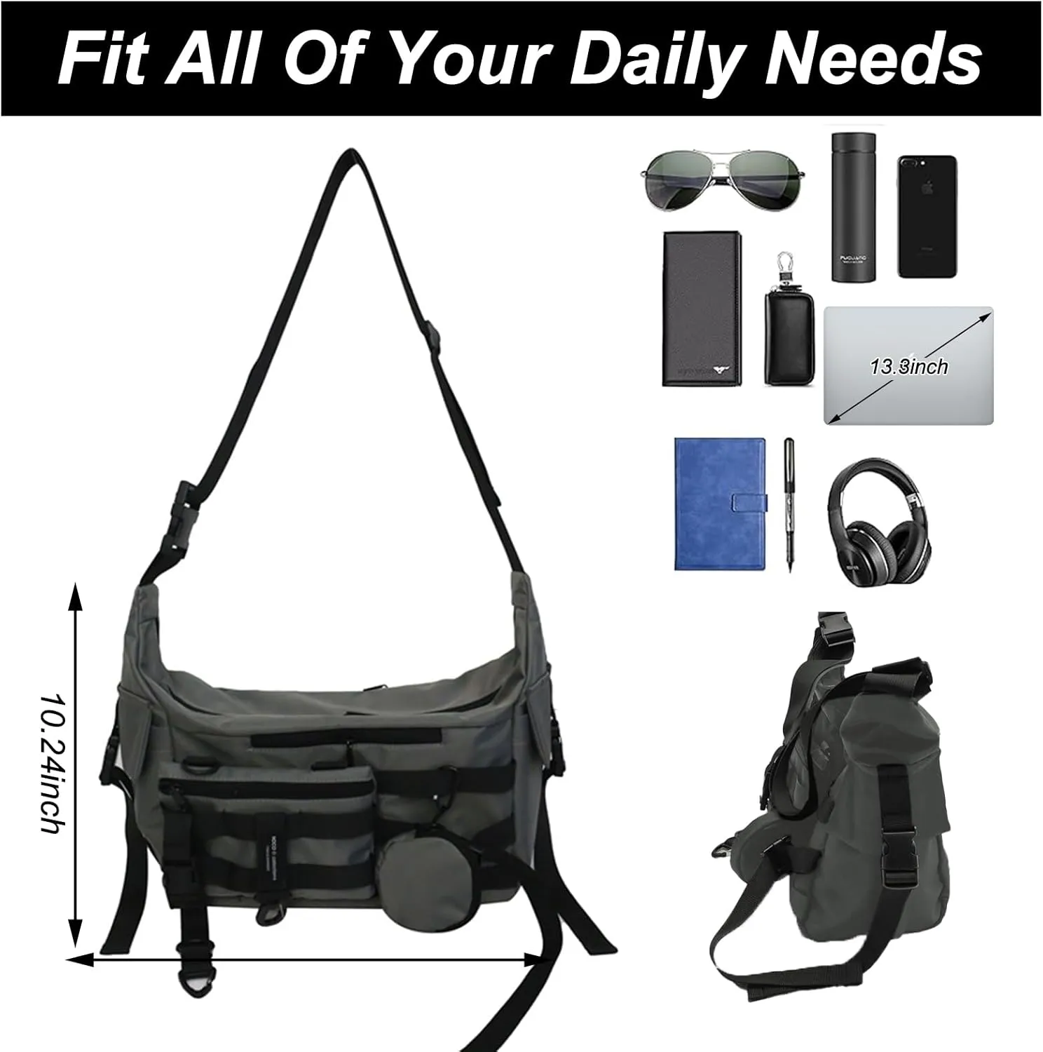 Messenger Bag with Detachable Pouches, 22x10 inches, Canvas Crossbody Shoulder Bag for Men Women