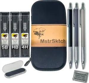 Metal Mechanical Pencils for Drawing- 2mm Graphite Lead Refills, with Big Capacity Pencil Storage Case for Artists, School and Office