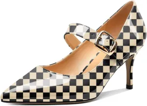 Mettesally Women's Pointed Toe Pumps Marry Janes Mid Heels Slip On Adjuatable Strap Kitten Heels Office Work Dress Shoes