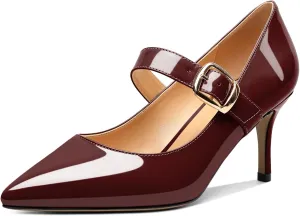 Mettesally Women's Pointed Toe Pumps Marry Janes Mid Heels Slip On Adjuatable Strap Kitten Heels Office Work Dress Shoes