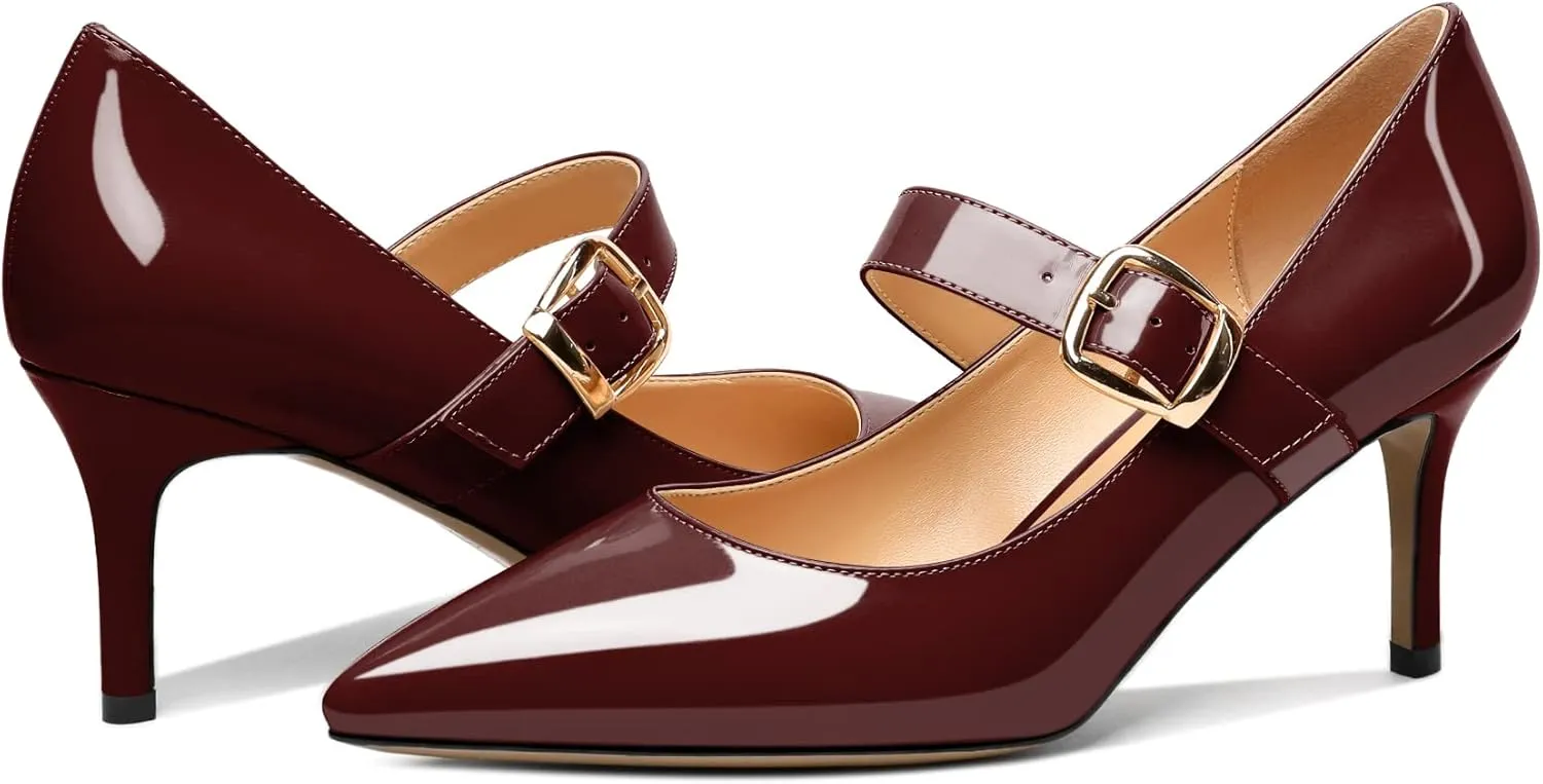 Mettesally Women's Pointed Toe Pumps Marry Janes Mid Heels Slip On Adjuatable Strap Kitten Heels Office Work Dress Shoes