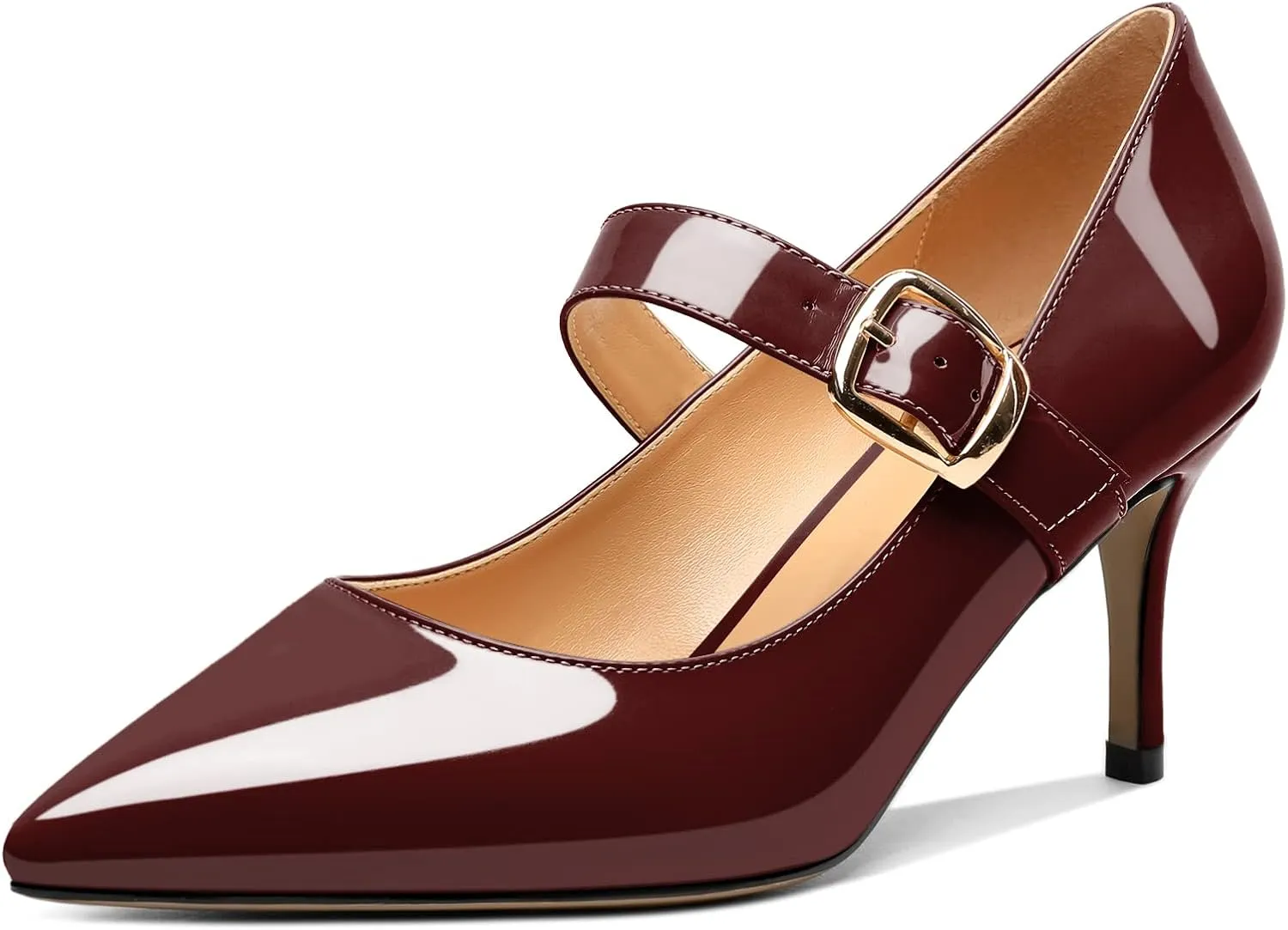 Mettesally Women's Pointed Toe Pumps Marry Janes Mid Heels Slip On Adjuatable Strap Kitten Heels Office Work Dress Shoes