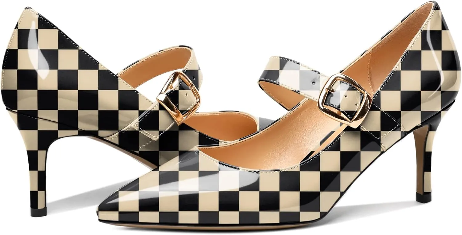 Mettesally Women's Pointed Toe Pumps Marry Janes Mid Heels Slip On Adjuatable Strap Kitten Heels Office Work Dress Shoes