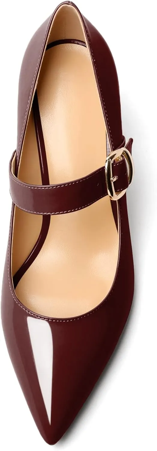 Mettesally Women's Pointed Toe Pumps Marry Janes Mid Heels Slip On Adjuatable Strap Kitten Heels Office Work Dress Shoes