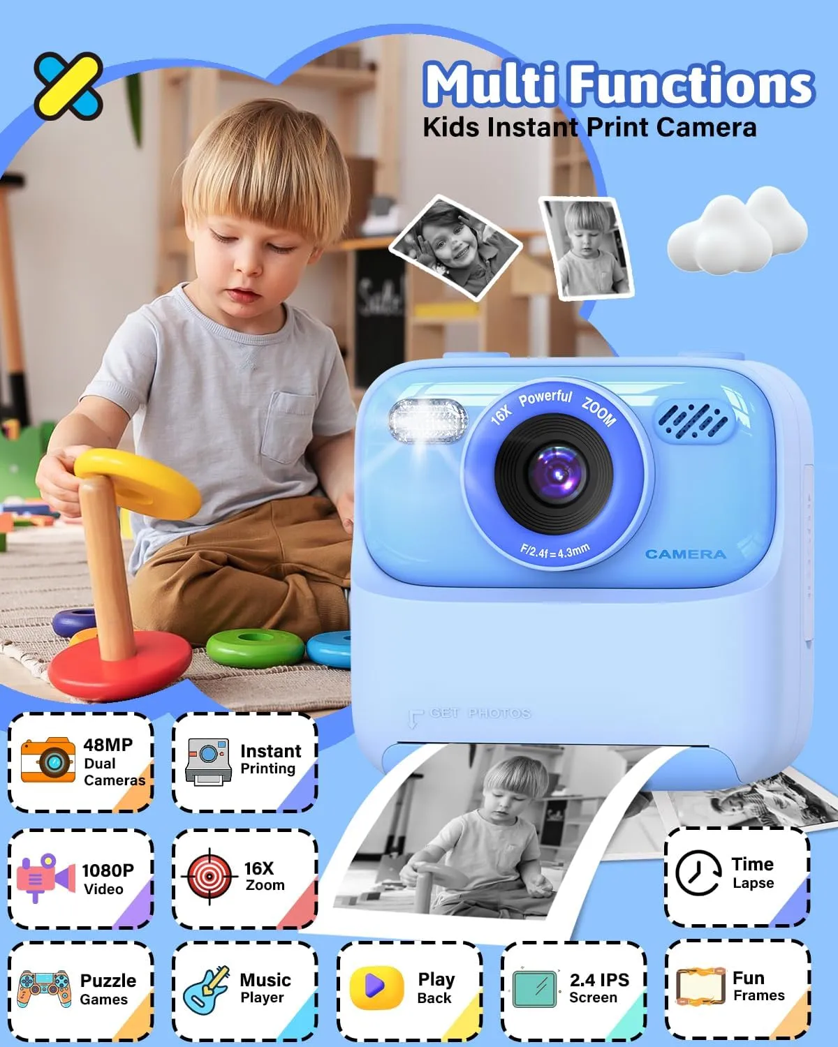 Mgaolo Kids Camera Instant Print Photo,Children Digital Camera Toys Gift with HD Video for Girls Boys 3-12 Age,Chritmas Birthday Festival Present for 3 4 5 6 7 8 9 Year Old Child (Blue)