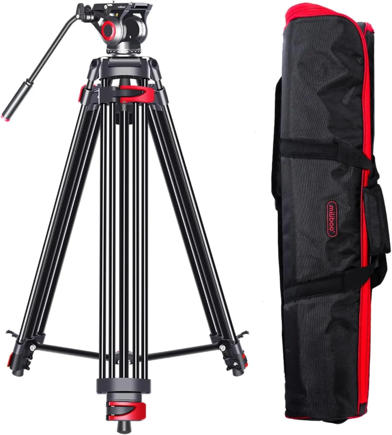 MILIBOO mtt602II-a Upgraded Camera Tripod Fluid Head Tripods for Camera, Max Working Height 76.4 inches, Max Load 22lbs, Max Tube Diameter 20mm, with Center Spreader, Extended QR Board, Aluminum