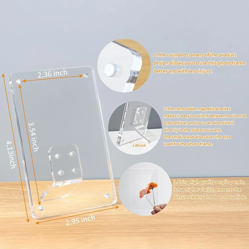 Mini Magnetic Picture Frames 2.36x3.54" with Removable Magnetic Stand, Acrylic Tabletop Photo Frames Compatible with Instax/Polaroid Camera for 2x3 Mini Film Pictures for Home/Office 2 Pack