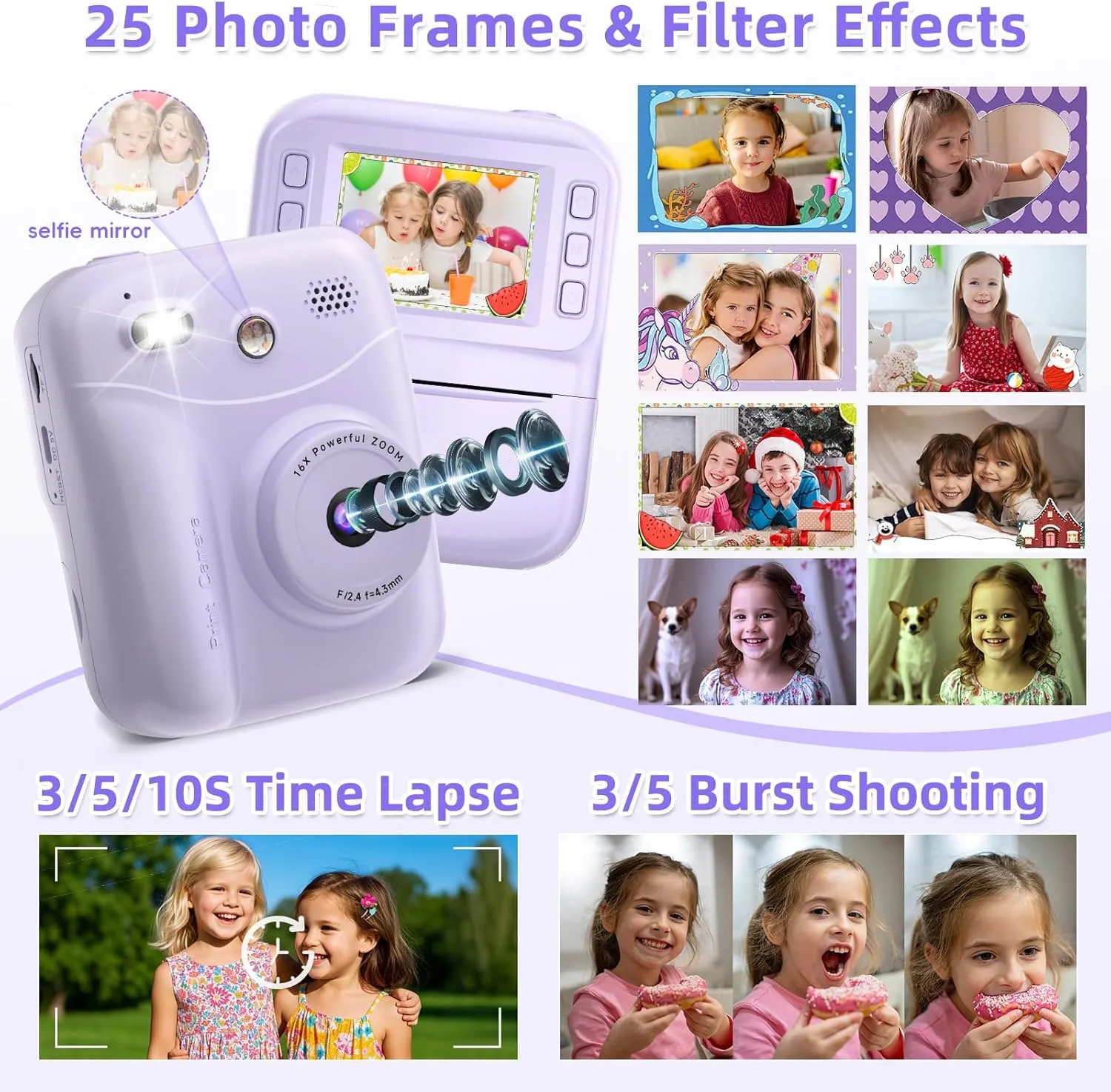 MINIBEAR Kids Camera Instant Print, Instant Print Camera for Kids Digital Camera Toddler Toys Christmas Birthday Gifts for 3 4 5 6 7 8 9 10 Year Old Boys Girls Video Camera with Print Paper, Purple