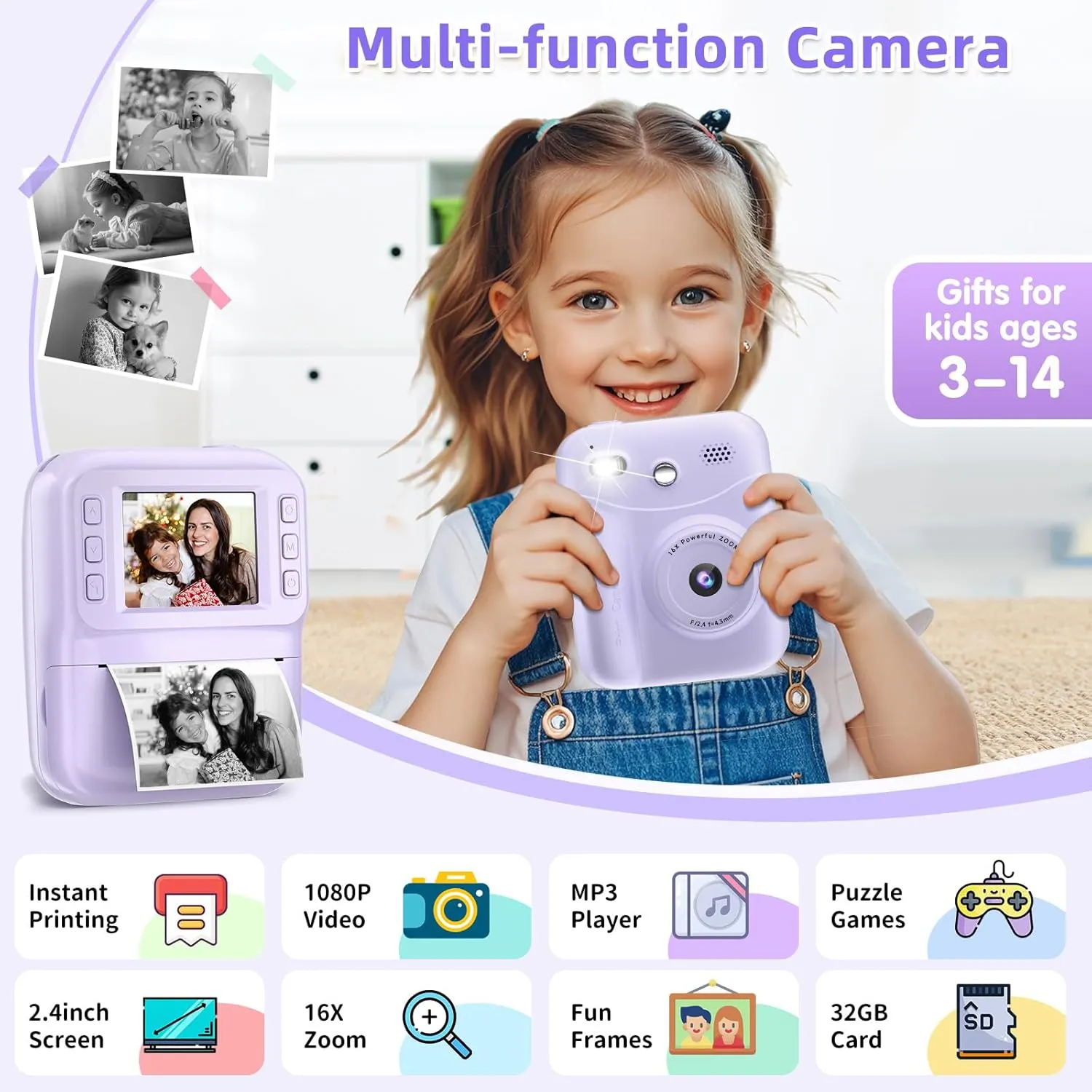MINIBEAR Kids Camera Instant Print, Instant Print Camera for Kids Digital Camera Toddler Toys Christmas Birthday Gifts for 3 4 5 6 7 8 9 10 Year Old Boys Girls Video Camera with Print Paper, Purple