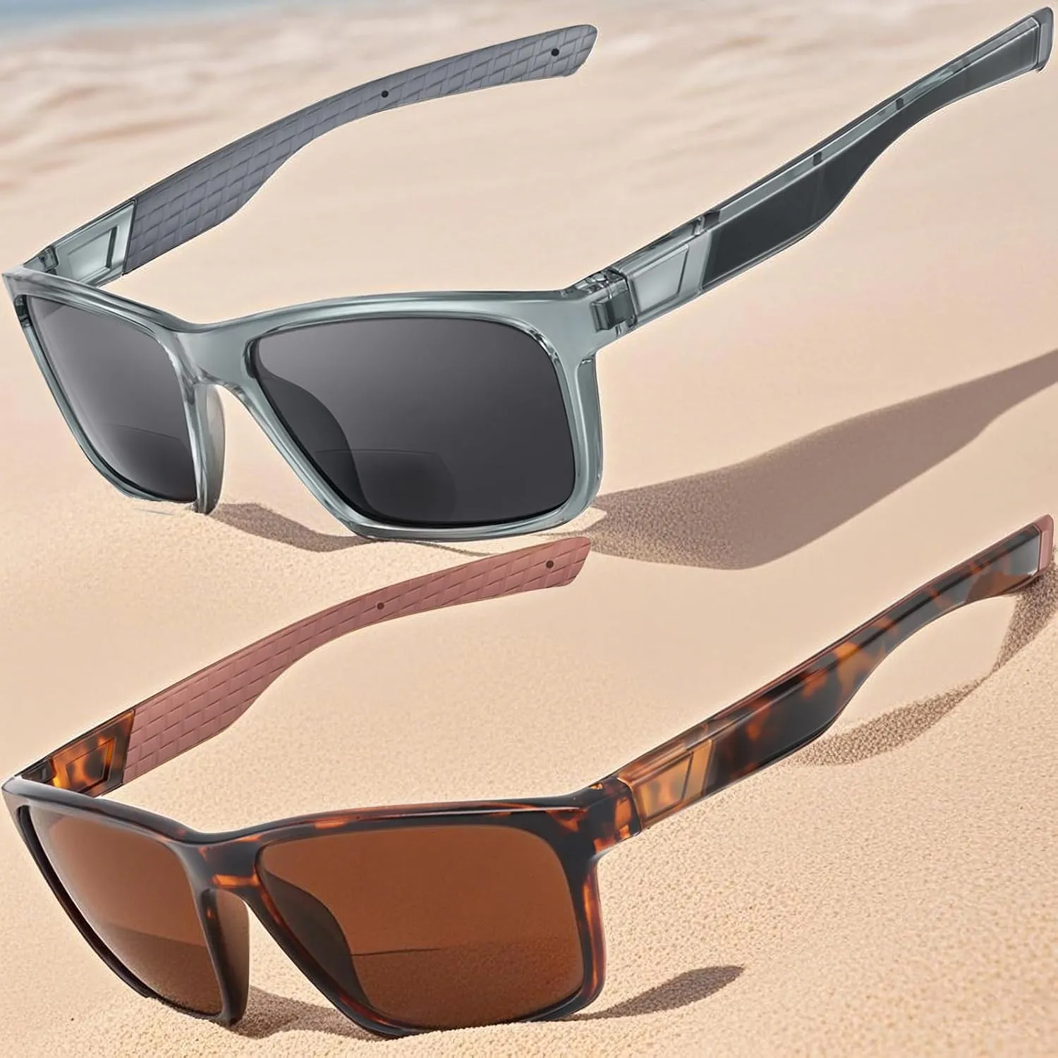 Missfive 2 Pack Mens Light Bifocal Sunglasses with Readers Built In, Non-Slip Comfort TR90/Rubber Straight Arms, UV400 Protection for Outdoor Sports/Driving/Beach, 1.25