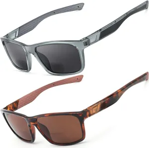 Missfive 2 Pack Mens Light Bifocal Sunglasses with Readers Built In, Non-Slip Comfort TR90/Rubber Straight Arms, UV400 Protection for Outdoor Sports/Driving/Beach, 1.25