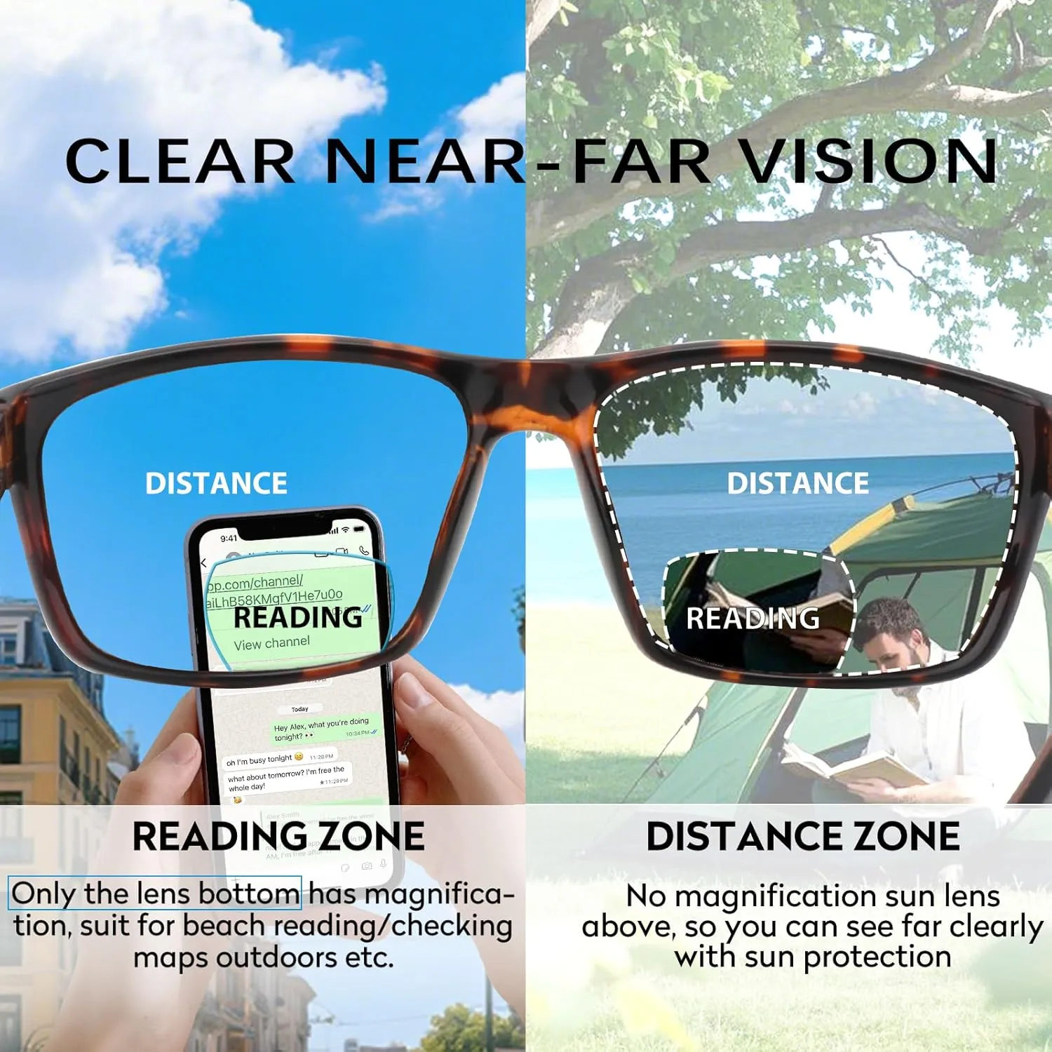 Missfive 2 Pack Mens Light Bifocal Sunglasses with Readers Built In, Non-Slip Comfort TR90/Rubber Straight Arms, UV400 Protection for Outdoor Sports/Driving/Beach, 1.25