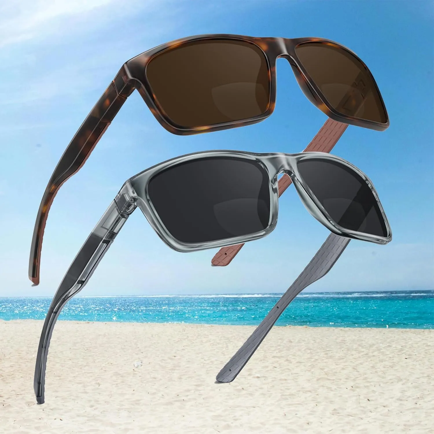 Missfive 2 Pack Mens Light Bifocal Sunglasses with Readers Built In, Non-Slip Comfort TR90/Rubber Straight Arms, UV400 Protection for Outdoor Sports/Driving/Beach, 1.25