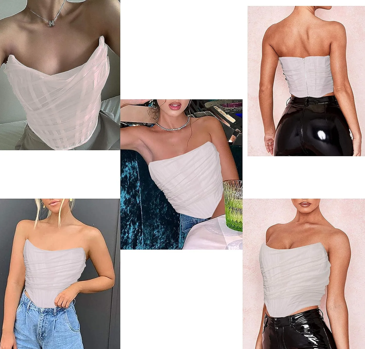 MOALLUOM Mesh Corset Crop Top Bustier Underbust Boned Backless Sleeveless Strapless Off Shoulder Aesthetic for Women Y2K