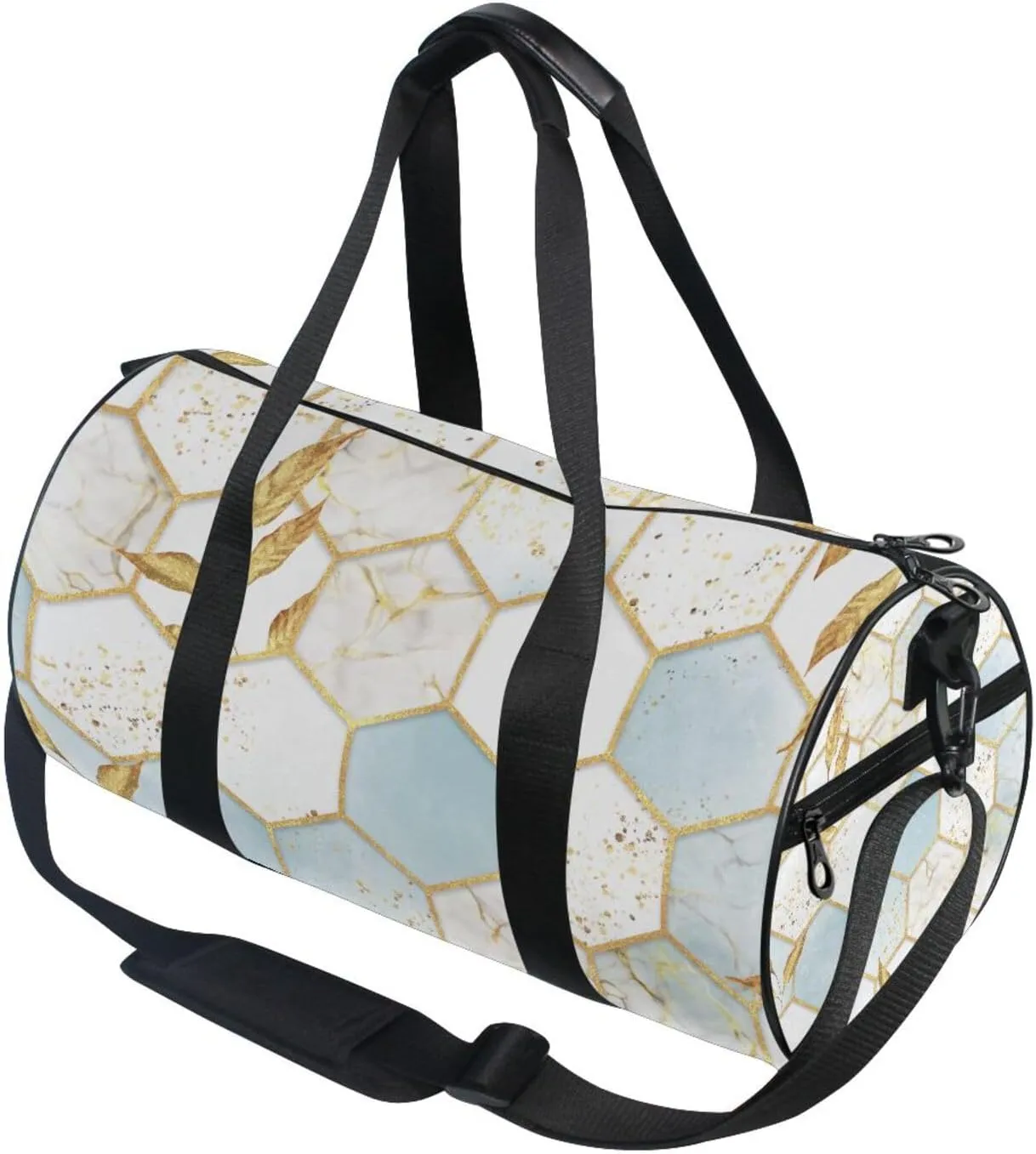 Modern Marbling Gold White Marble Geometric Rhombus with Gold Leaves Portable Gym Bag, Travel Bag, Luggage bag, Sports Bag, Toiletry Bag with Handles, Detachable Shoulder Strap 17.6 x 9 x 9 inch