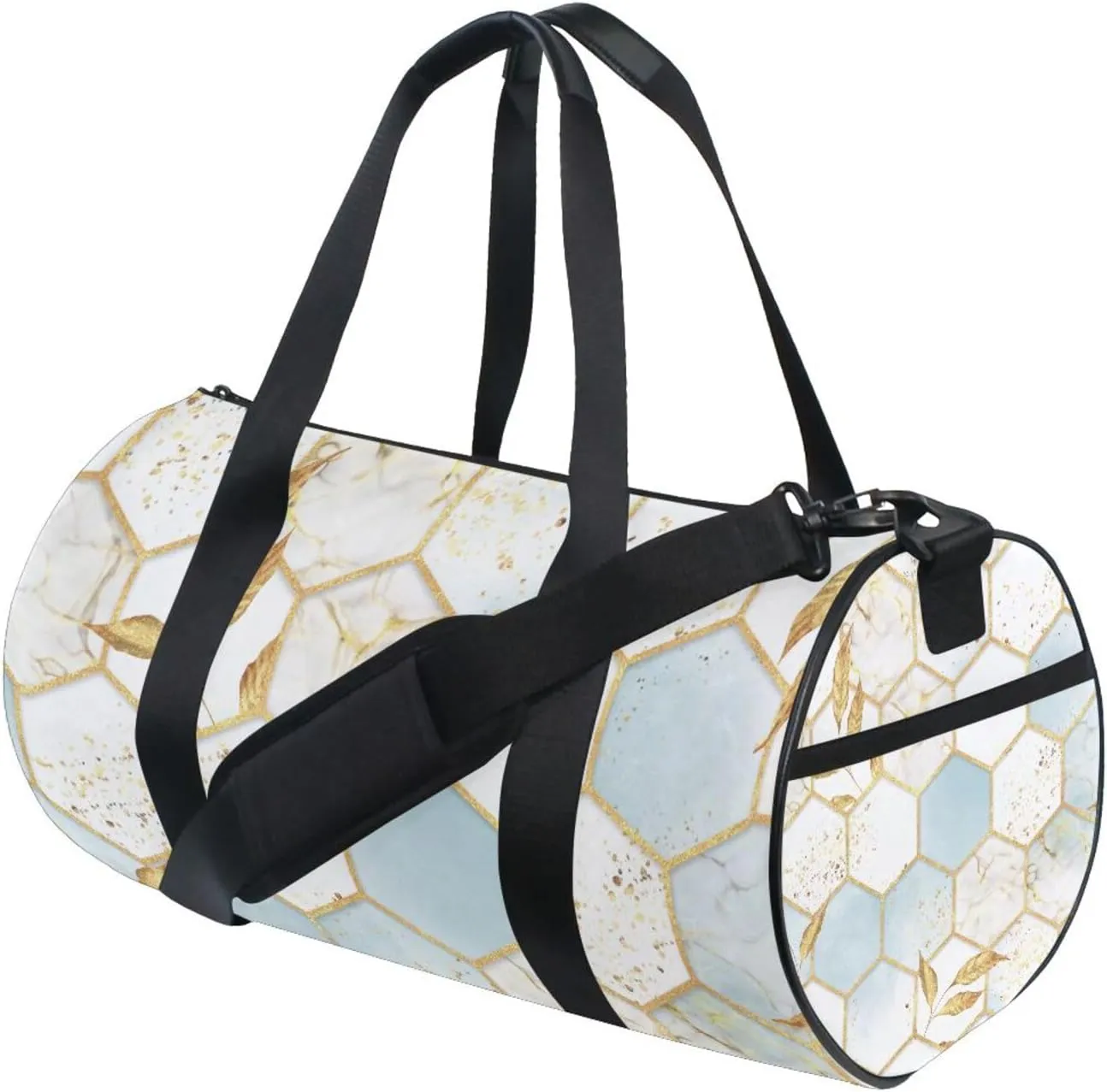 Modern Marbling Gold White Marble Geometric Rhombus with Gold Leaves Portable Gym Bag, Travel Bag, Luggage bag, Sports Bag, Toiletry Bag with Handles, Detachable Shoulder Strap 17.6 x 9 x 9 inch